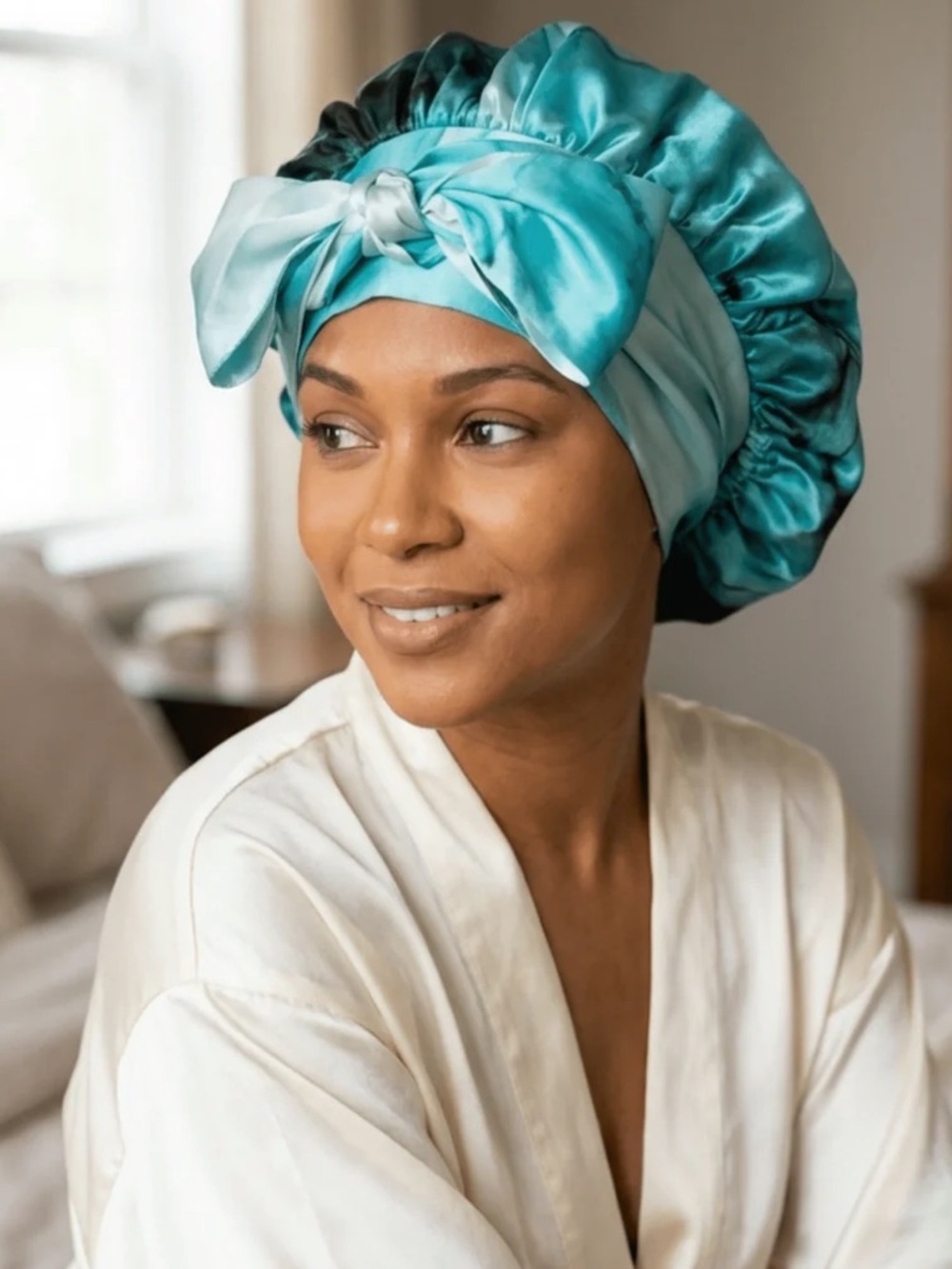 Nochka Mulberry Silk Turquoise Bonnet w/ Tie – 100% Silk Reversible, Like New